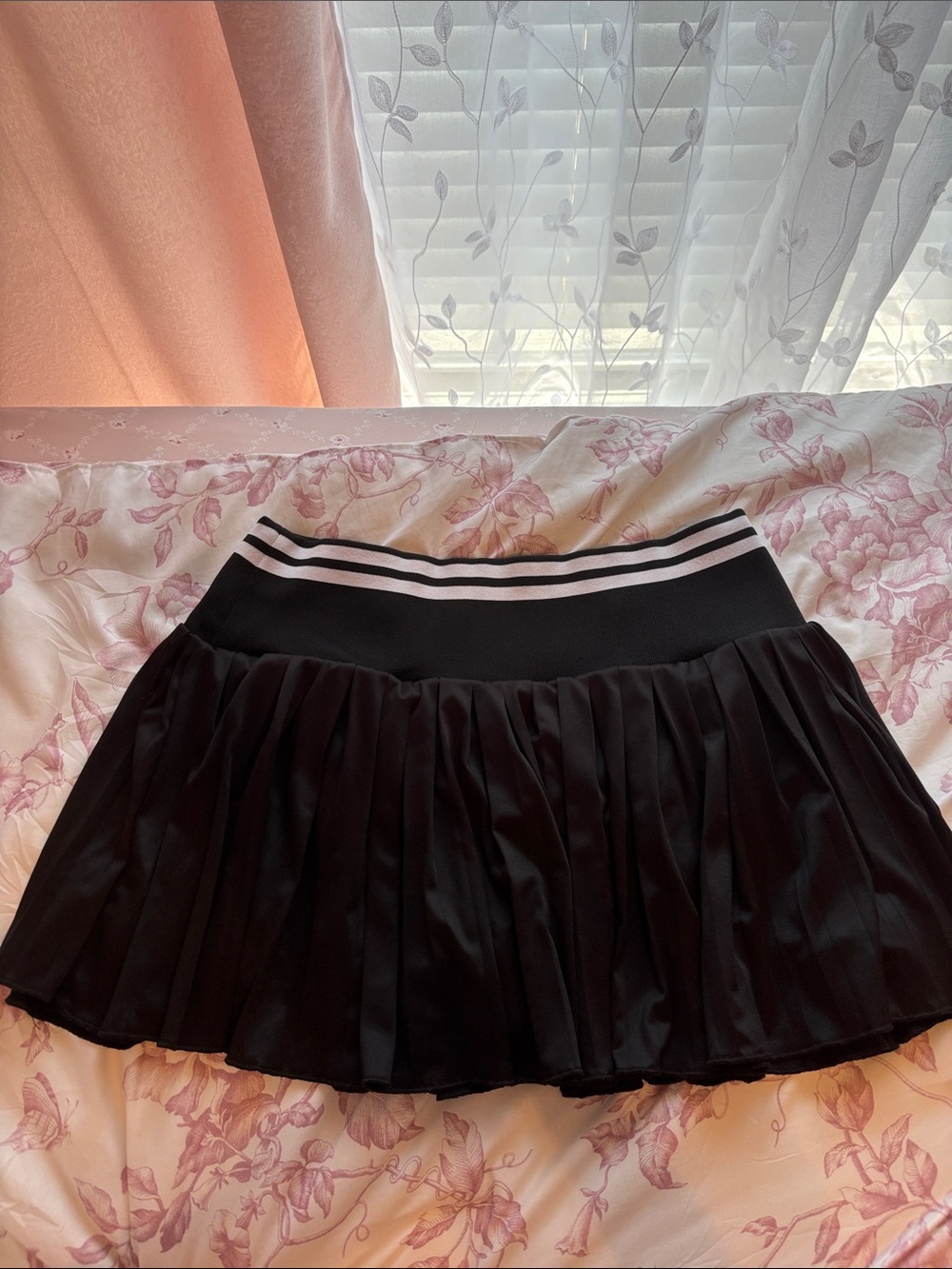 Black Pleated Skater Skirt with Striped Waistband